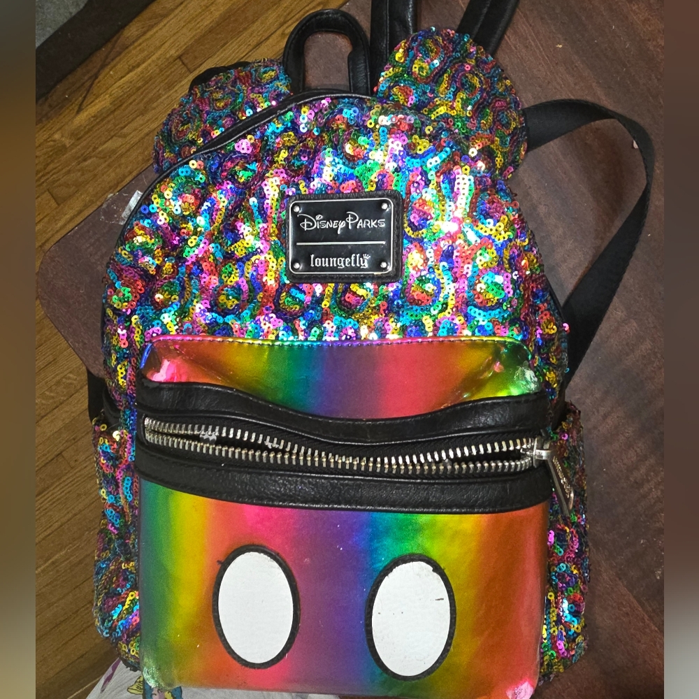 Disney Loungefly Rainbow Sequin Mini Backpack And Matching Wallet